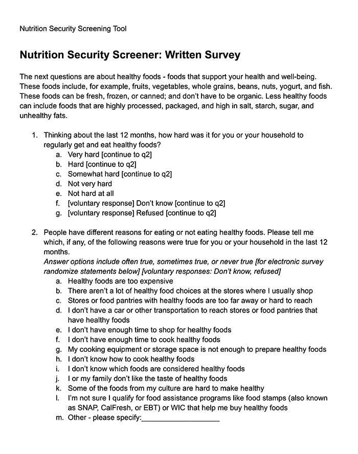 Nutrition Security Screener